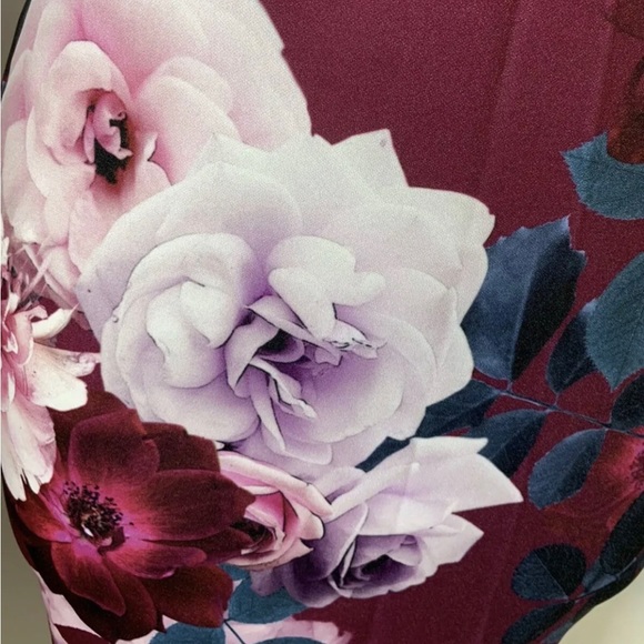 Quiz Floral Dress Wrap Front Berry & Teal Stretch V-Neck Cap Sleeves Big Collar - Picture 6 of 11